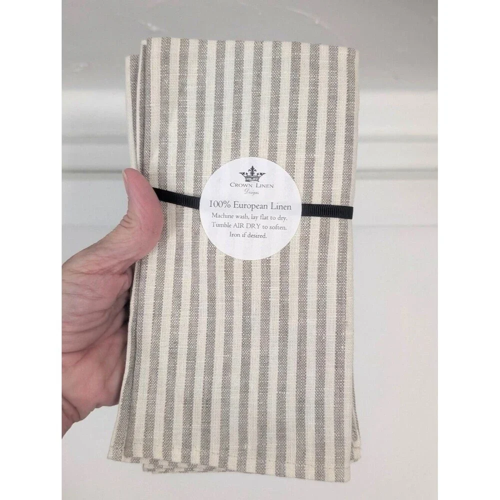 Crown Linen Designs European Linen Striped Napkins Set of 4 NEW Gray/Ivory